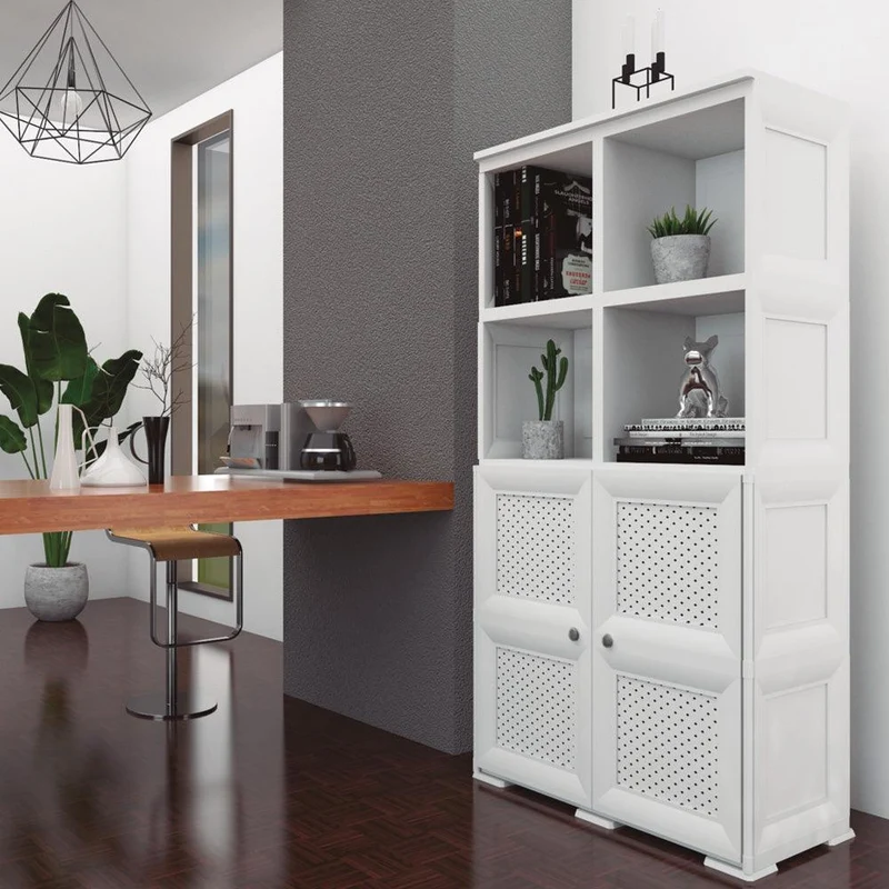 Mueble Organizador Elegance Rattan Monet, Blanco Perla, con Dos Puertas Batientes