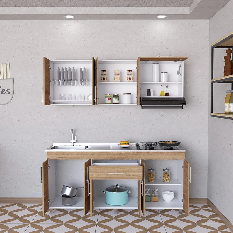 Mueble Multiusos Carson, Miel y Blanco, Incluye Mesón Izquierdo en Acero Inoxidable y Estufa