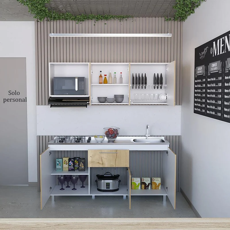 Mueble Multiusos Alan, Café Claro y Blanco, Incluye Mesón Derecho en Acero Inoxidable