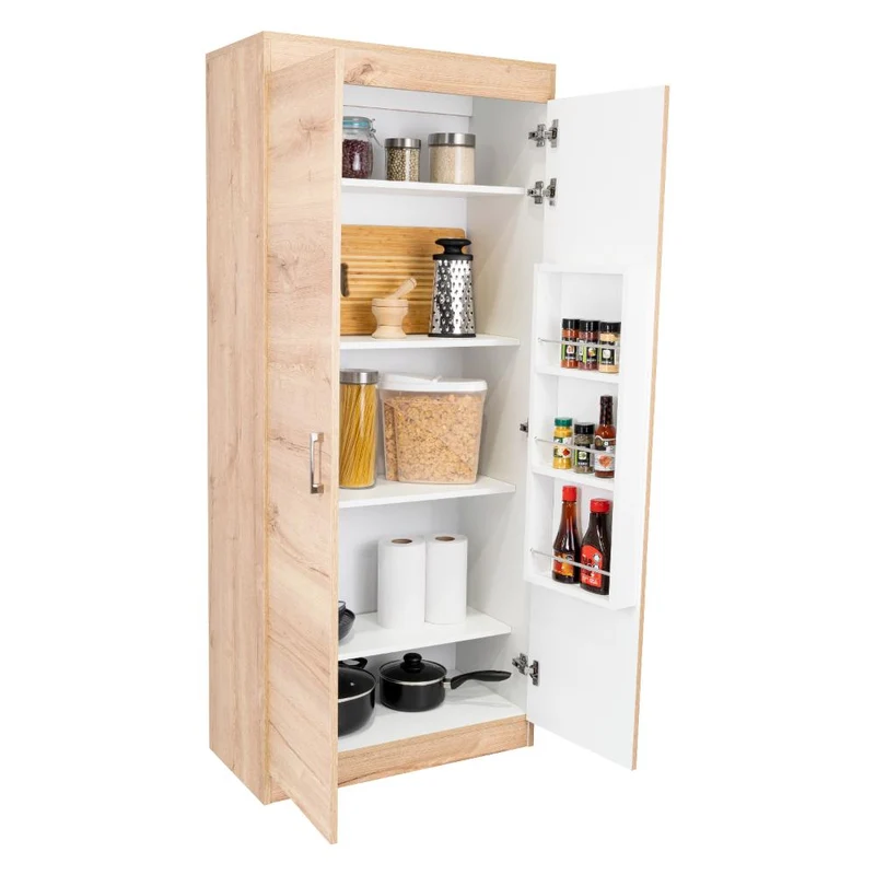 Alacena Multiusos Varese, Café Claro y Blanco Vainilla, Posee un Estante Adicional en la Puerta y Cuatro Entrepaños