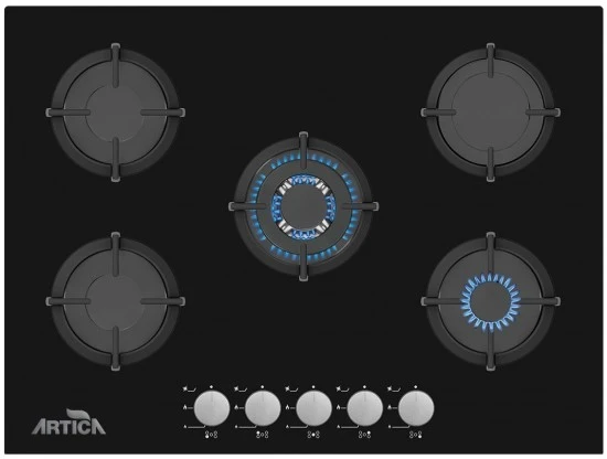 Artica ACG7050 – Encimera Gas 5 Fuegos 70cm Cristal con Wok